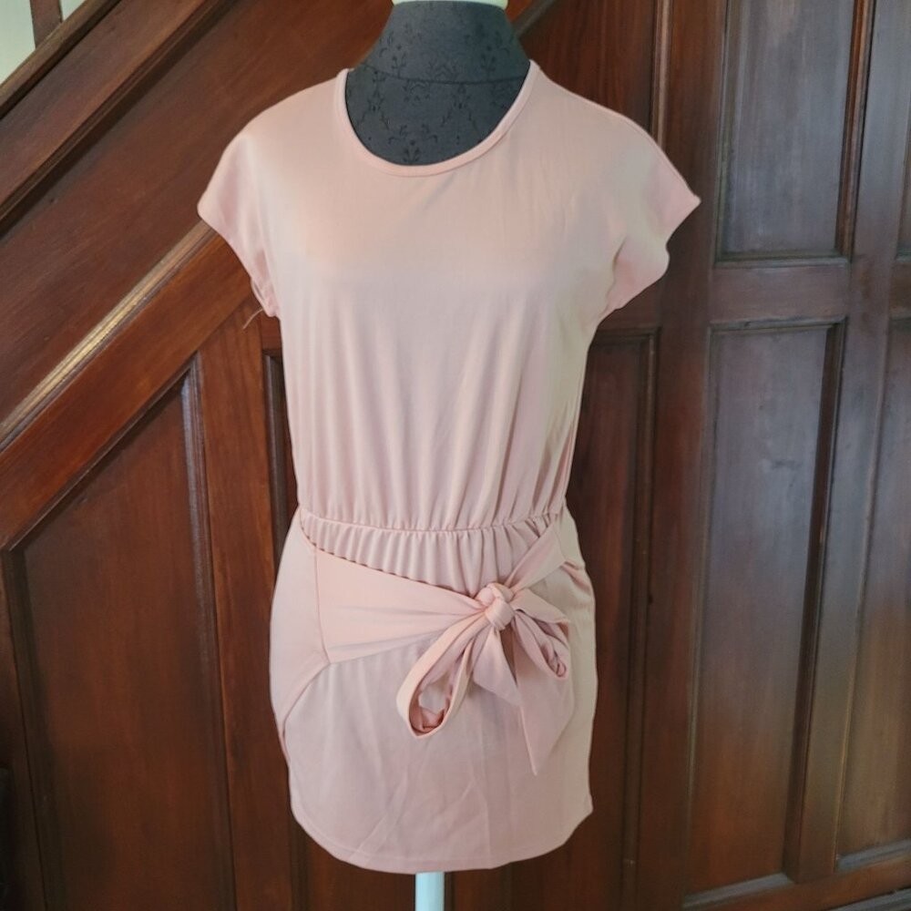 FashionMia Womens Pink Short Sleeve Belted Tunic Dress With Pockets NWT